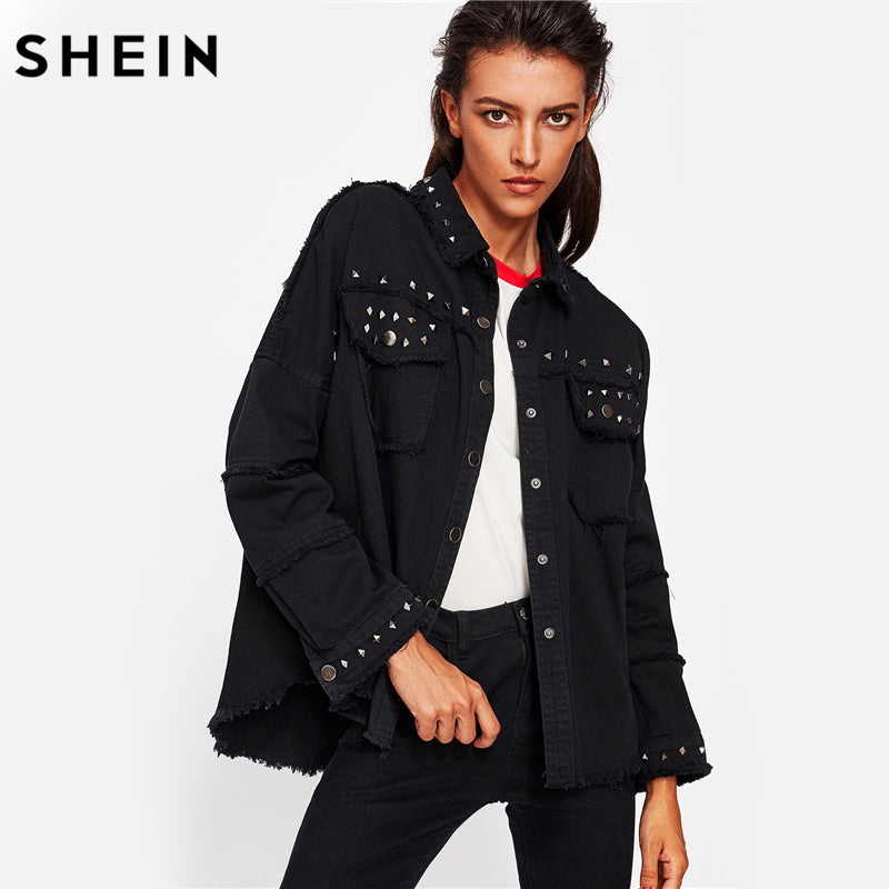 SHEIN Studded Frayed Hem Denim Jacket Autumn Women Coats