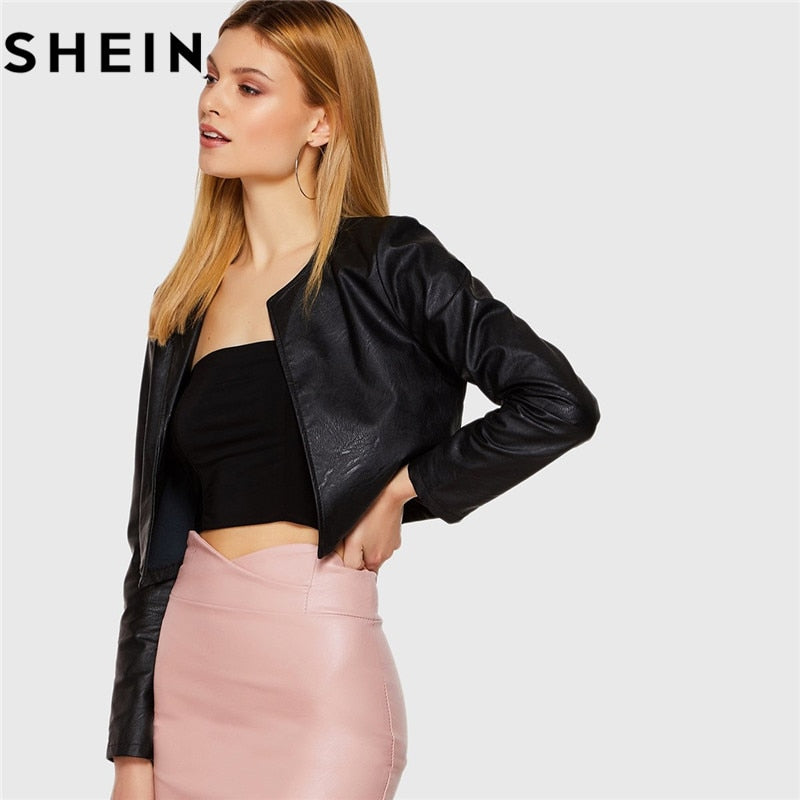 SHEIN Womens Black Rock PU Leather Short Jacket