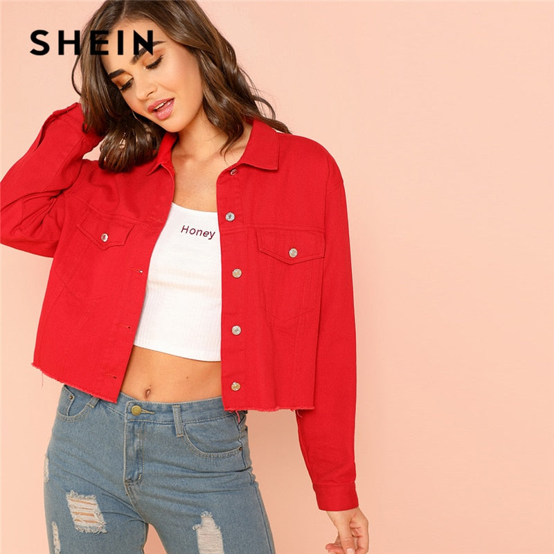 SHEIN Red Solid Pocket Front Button Up Jacket