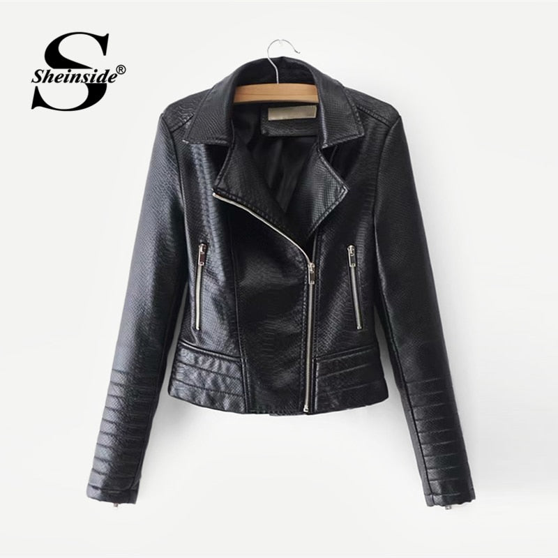 Sheinside Plain Black PU Leather Turn-down Collar Biker Jacket