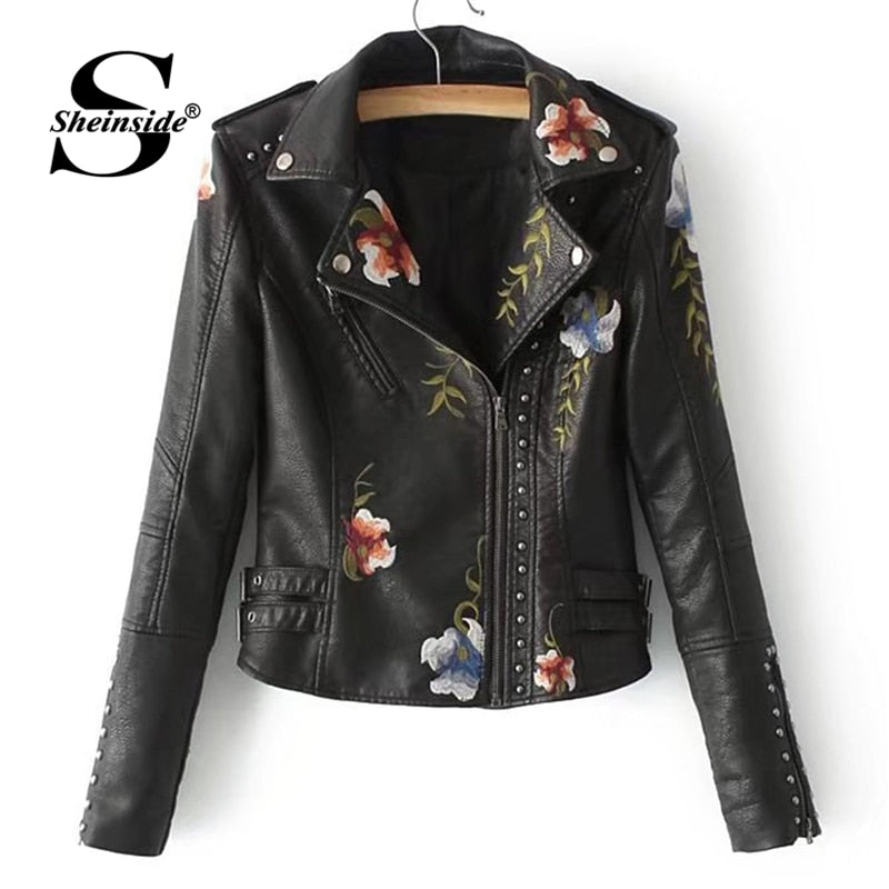 Sheinside Flower Embroidery PU Leather Jacket Black