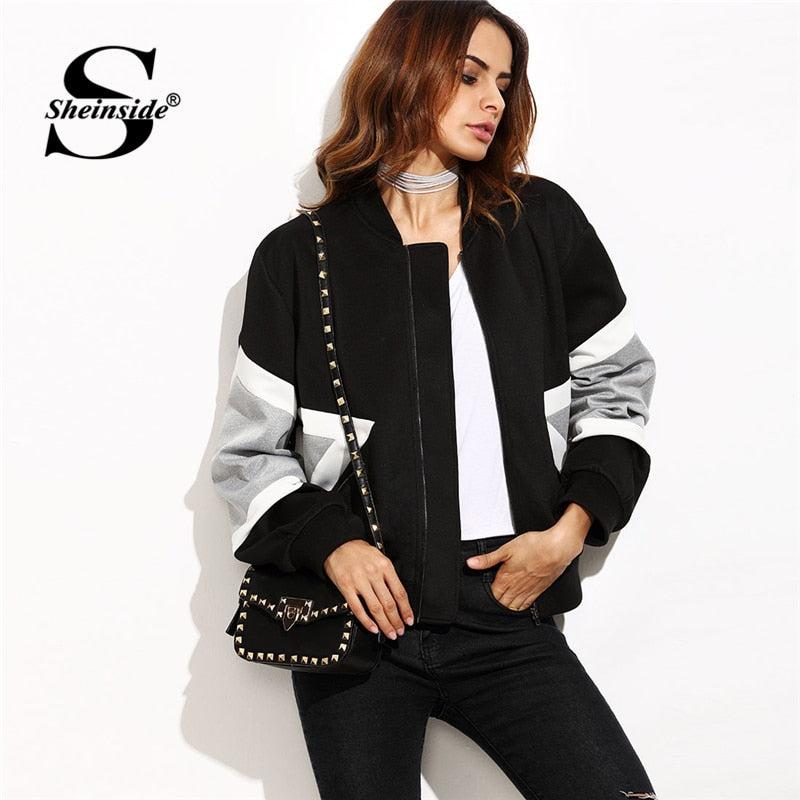 Sheinside Black Stand Collar Colorblock Casual Bomber Jacket