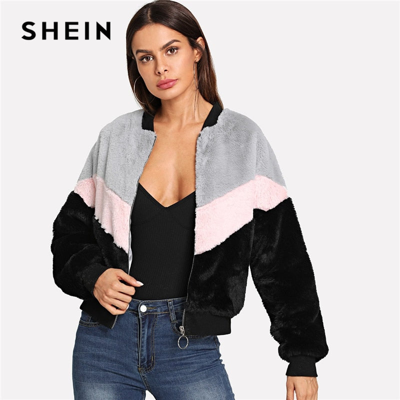 SHEIN Multicolor Preppy Chevron Fuzzy Zipper Up Colorblock Stand Coat And Outwear