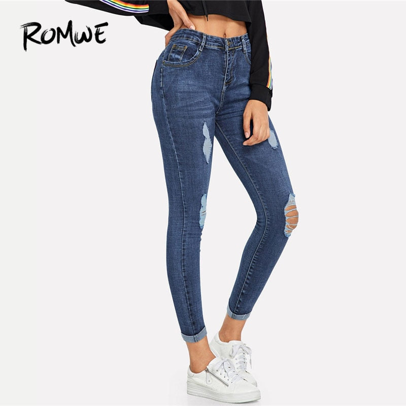 ROMWE Navy Ripped Skinny Denim Jeans Summer Women Casual