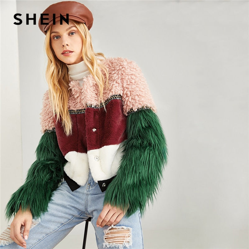 SHEIN Multicolor Color Block Faux Fur Coat Casual Highstreet