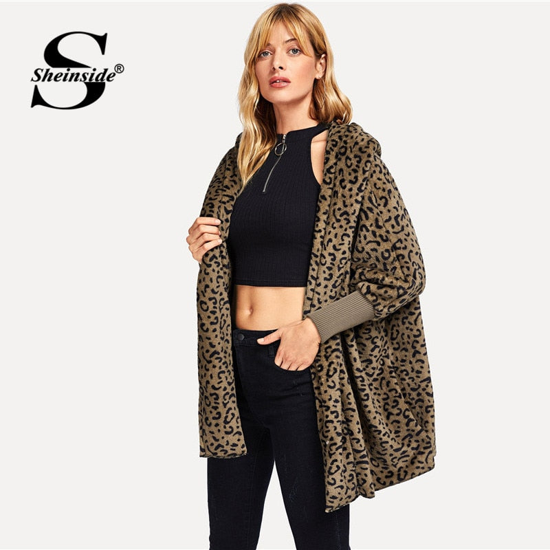 Sheinside Leopard Print Hooded Coat Open Front jackets