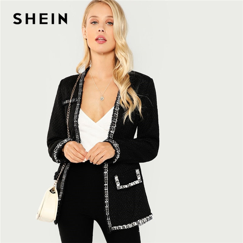 SHEIN Black Elegant Highstreet Open Front Frayed Edge Solid Fashion Jacket