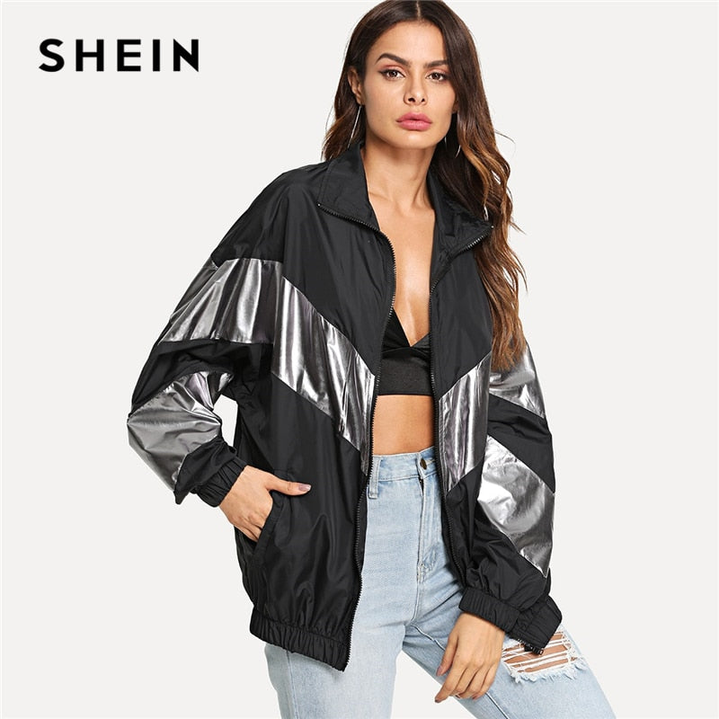 SHEIN Multicolor Metallic Panel Insert Drop Shoulder Jacket