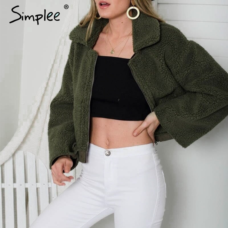 Simplee Faux lambswool lapel women jacket
