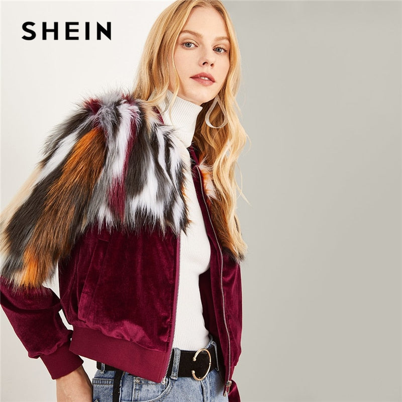 SHEIN Multicolor Elegant Office Lady Zipper Up Colorful Faux Fur Jacket