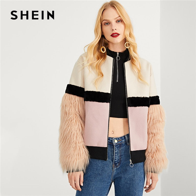 SHEIN Multicolor Highstreet Office Lady Zip Up Faux Fur Sleeve