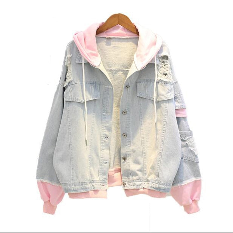 Autumn Hooded Denim Jacket For Women Casual BF Jeans Jacket Holes Vintage
