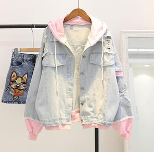 Autumn Hooded Denim Jacket For Women Casual BF Jeans Jacket Holes Vintage
