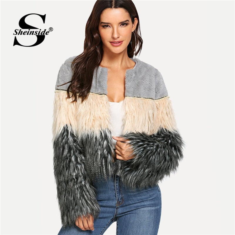 Sheinside Colorblock Faux Fur Crop Teddy Coat Elegant