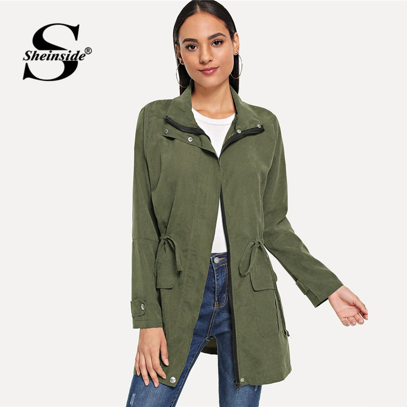Sheinside Army Green Solid Drawstring Waist Coat Women Clothes