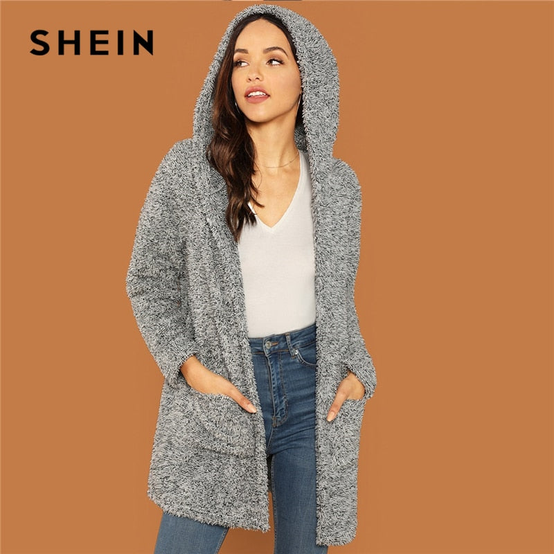 SHEIN Grey Casual Solid Hooded Pocket Patched Marled Teddy Jacket