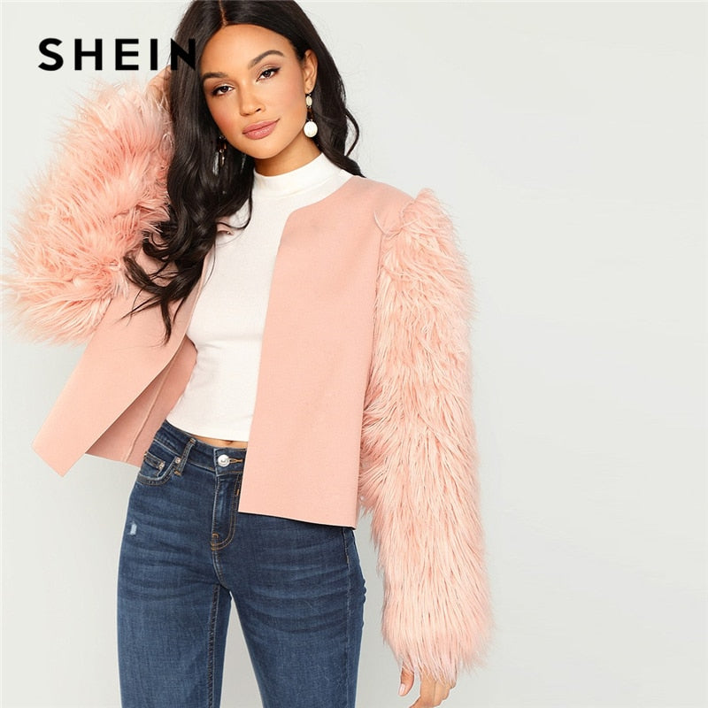 SHEIN Pink Weekend Casual Open Round Neck Front Coat And Outwear