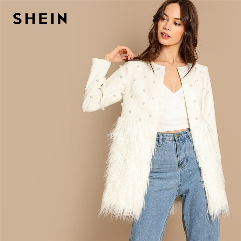 SHEIN White Office Lady Solid Pearl Embellished