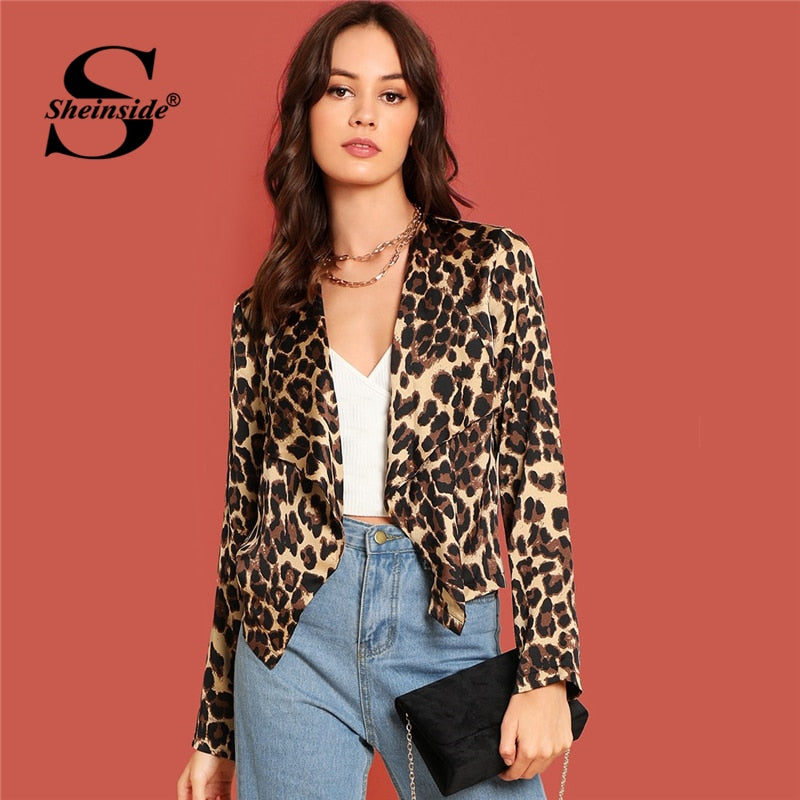 Sheinside Leopard Print Satin Coat Women Cropped Jacket