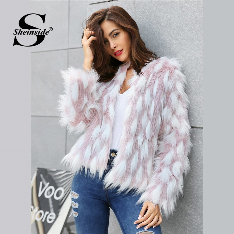Sheinside Elegant Women Colorblock Faux Fur Crop Teddy Coat