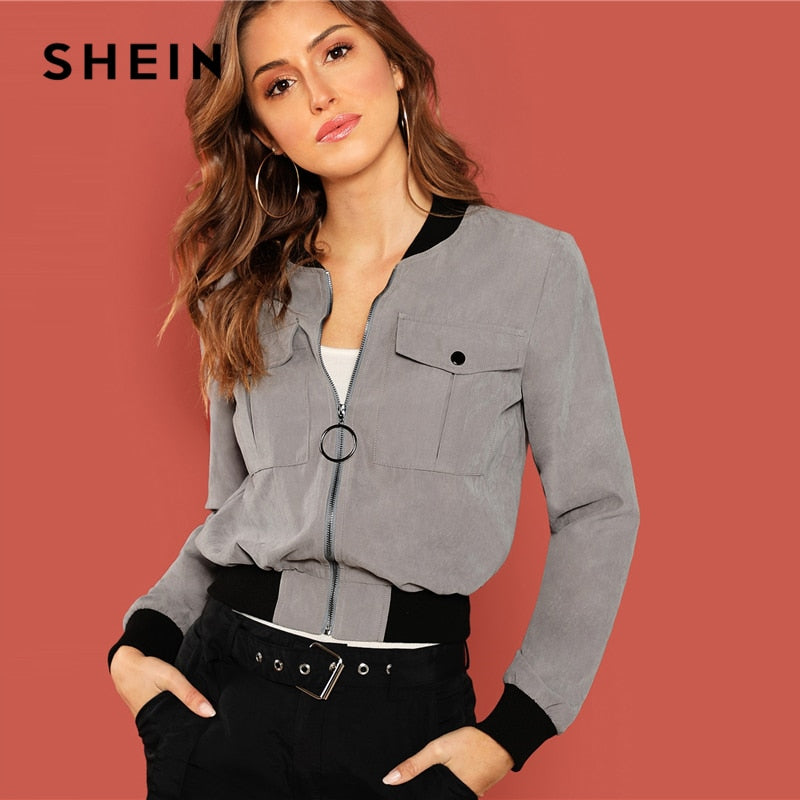 SHEIN Grey Casual Solid Button Zip Up Flap Pocket Stand Collar Bomber Jacket