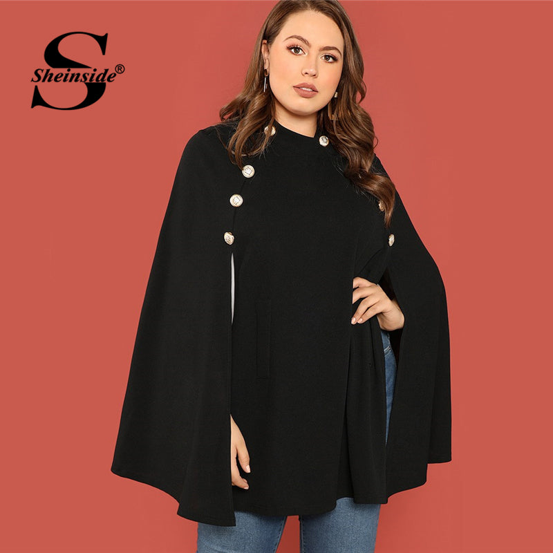 Sheinside Black Plus Size Ponchos Double Breasted Front Cape