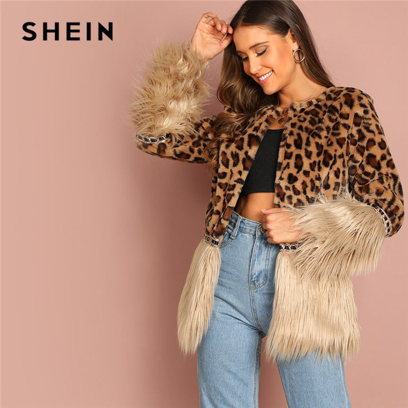 SHEIN Casual Multicolor Modern Lady Contrast Faux Fur Leopard Long Sleeve Coat