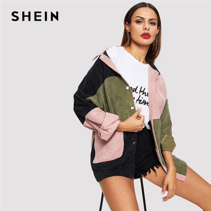 SHEIN Multicolor Casual Colorblock Cut And Sew Single Breasted Pocket