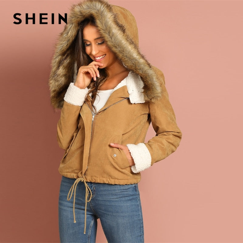 SHEIN Khaki Casual Drawstring Hem Pocket Faux Fur Zipper Up Hooded Jacket Autumn