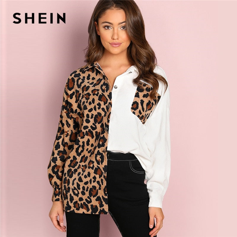 SHEIN Modern Lady Multicolor Colorblock Button Up Round Neck