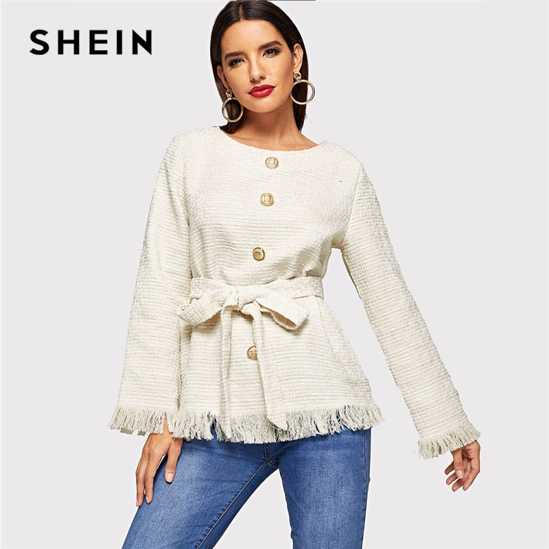 SHEIN White Multicolor Frayed Edge Belted Tweed Round Neck Single Breasted Coat