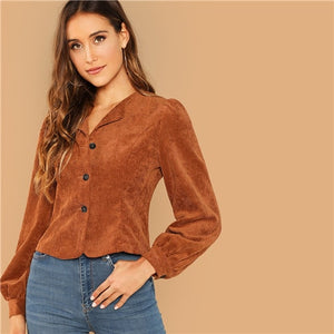 SHEIN Casual Brown Lantern Sleeve Button Up Corduroy Single Breasted Collar Jacket