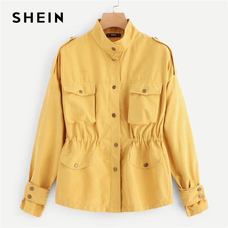 SHEIN Casual Yellow Button Pocket Front Stand Collar