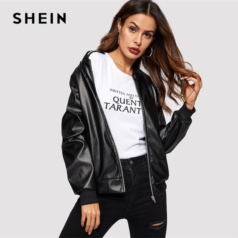 SHEIN Black Zip Up Faux Leather Bomber Plain Stand Collar Bomber Jacket