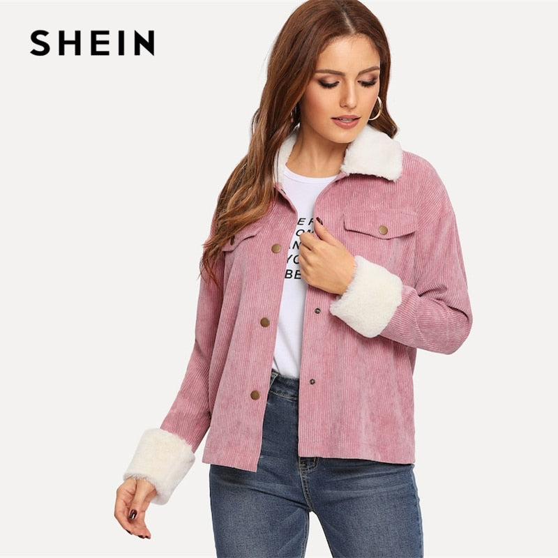 SHEIN Pink Contrast Faux Fur Detail Drop Shoulder Collar Jacket