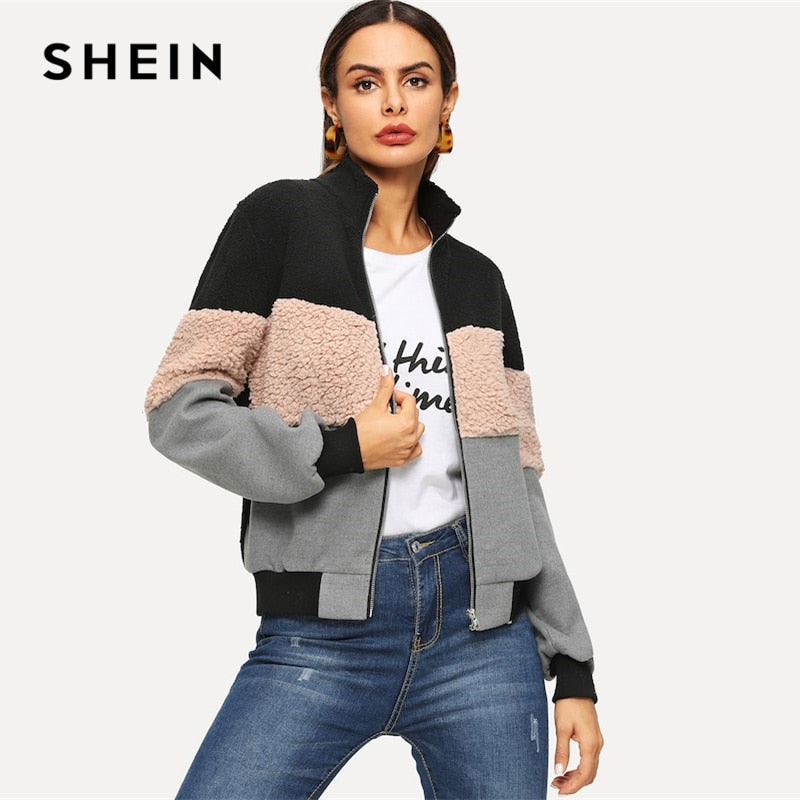 SHEIN Multicolor Color Block Mixed Media Teddy Stand Collar Jacket