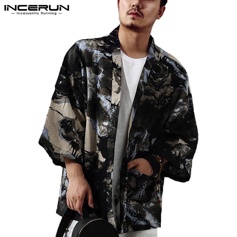 INCERUN Men Trench Coat Chinese Style 3/4 Sleeve Cotton Floral