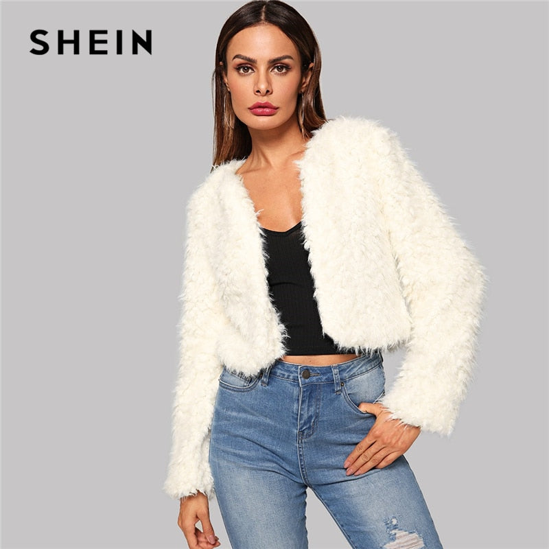 SHEIN Beige Solid Open Stitch High Street Crop Teddy Coat Women Jackets