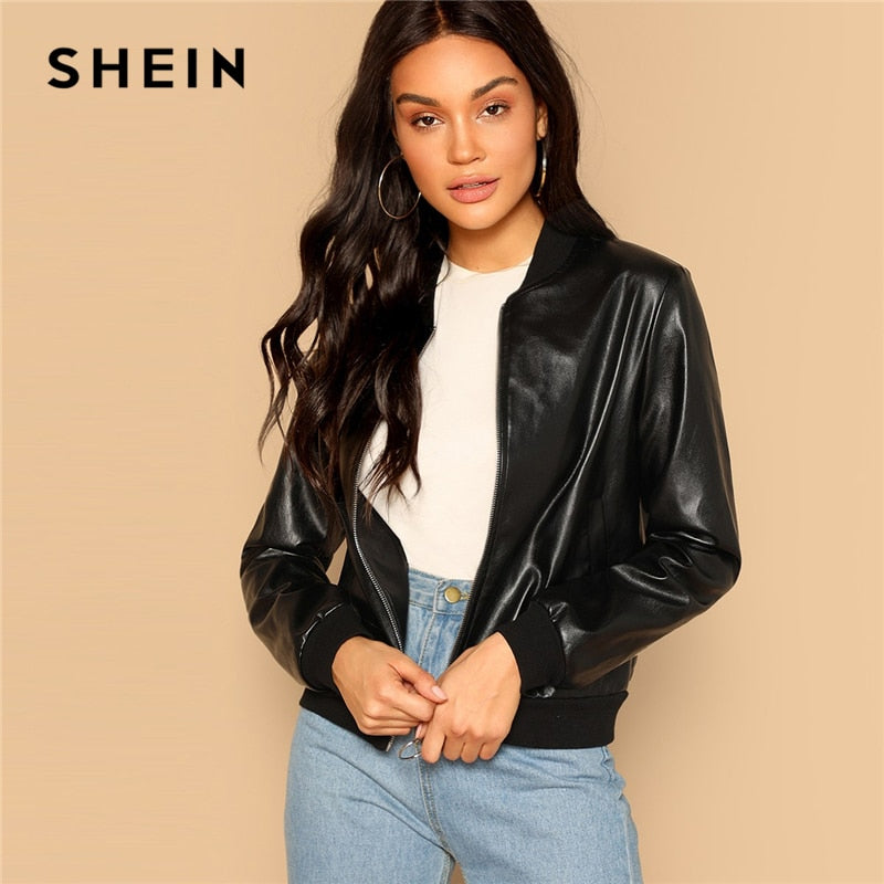 SHEIN Black Zip Up Faux Leather Bomber Jacket Casual Stand Collar