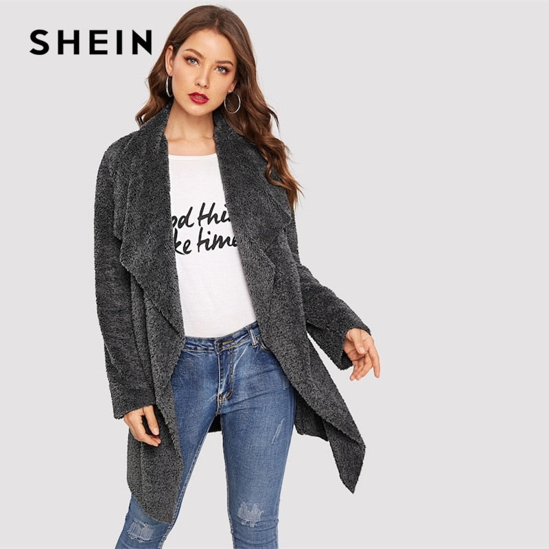 SHEIN Streetwear Grey Waterfall Collar Teddy Plain Coat