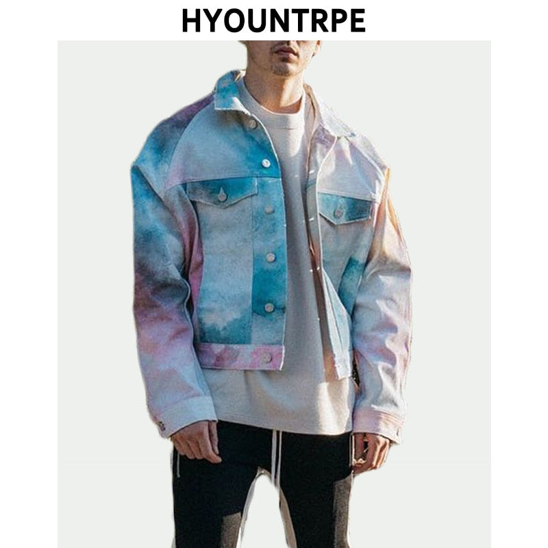 Fashion Sky Printed Jeans Jackets Coat Men Casual Single Breasted