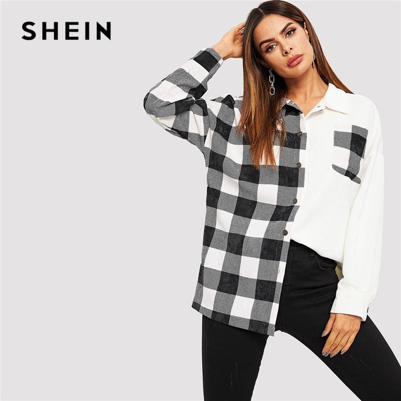 SHEIN Black and White Two Tone Pocket Patch Gingham Long Corduroy Jacket