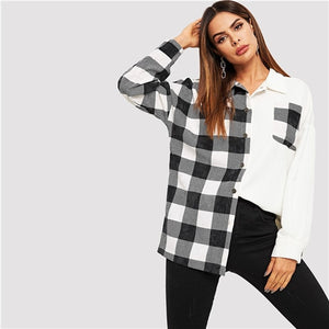 SHEIN Black and White Two Tone Pocket Patch Gingham Long Corduroy Jacket