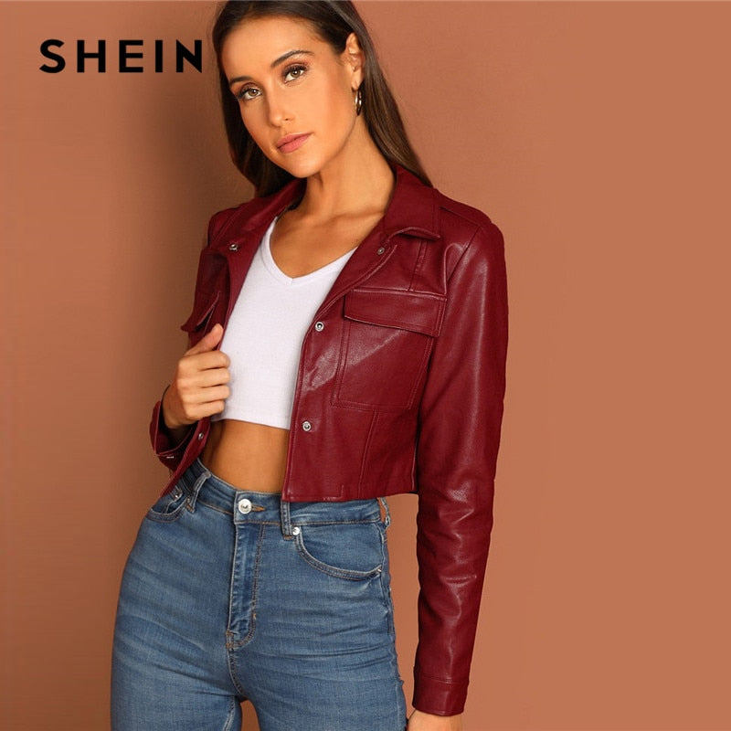 SHEIN Burgundy Pocket Patched PU Leather Jacket 2019 Fashion Solid