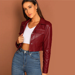 SHEIN Burgundy Pocket Patched PU Leather Jacket 2019 Fashion Solid