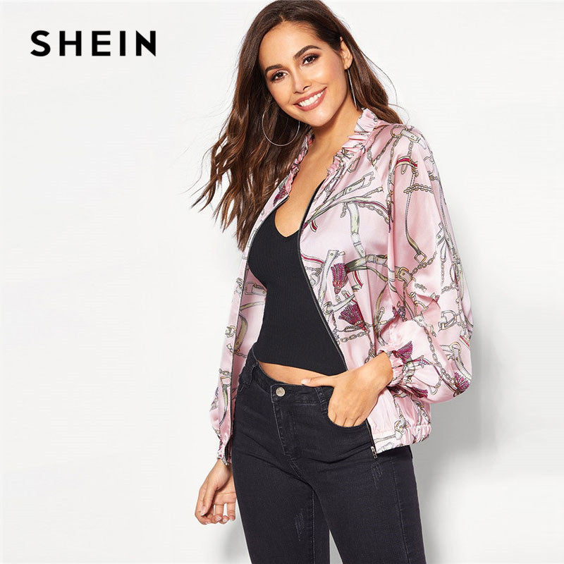 SHEIN Pink Zip Up Equestrian Print Ruffle Stand Collar Jacket Autumn