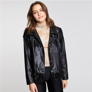 SHEIN Black Fringe Detail Pocket Front Leather Look Jacket Women Spring Single Breasted Casual Streetwear Outerwear Coats