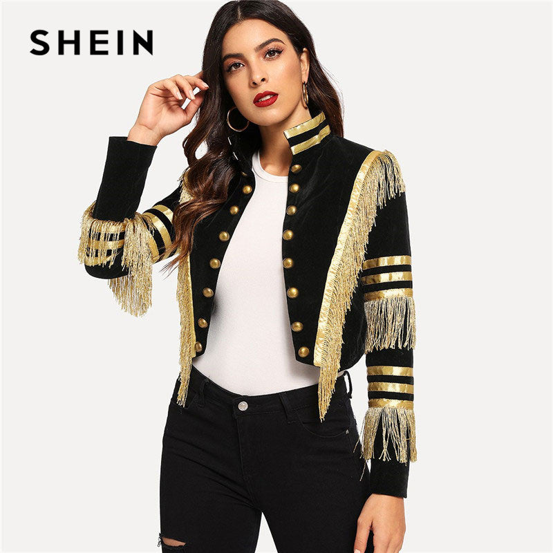 SHEIN Lady Fringe Patched Metallic Double Breasted Stripe Black