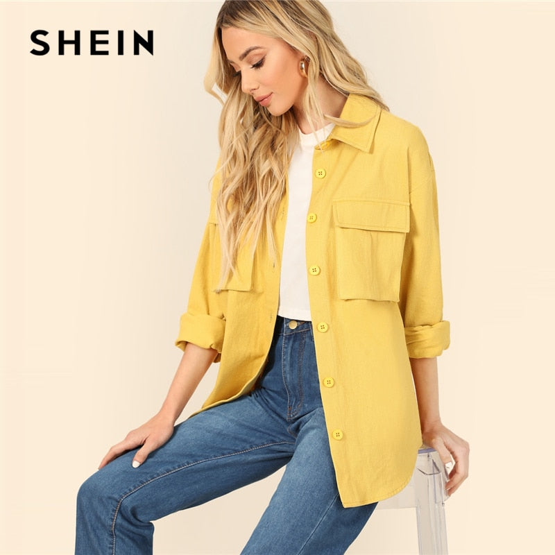 SHEIN Yellow Dual Flap Pocket Front Shirt Plain Jacket Autumn