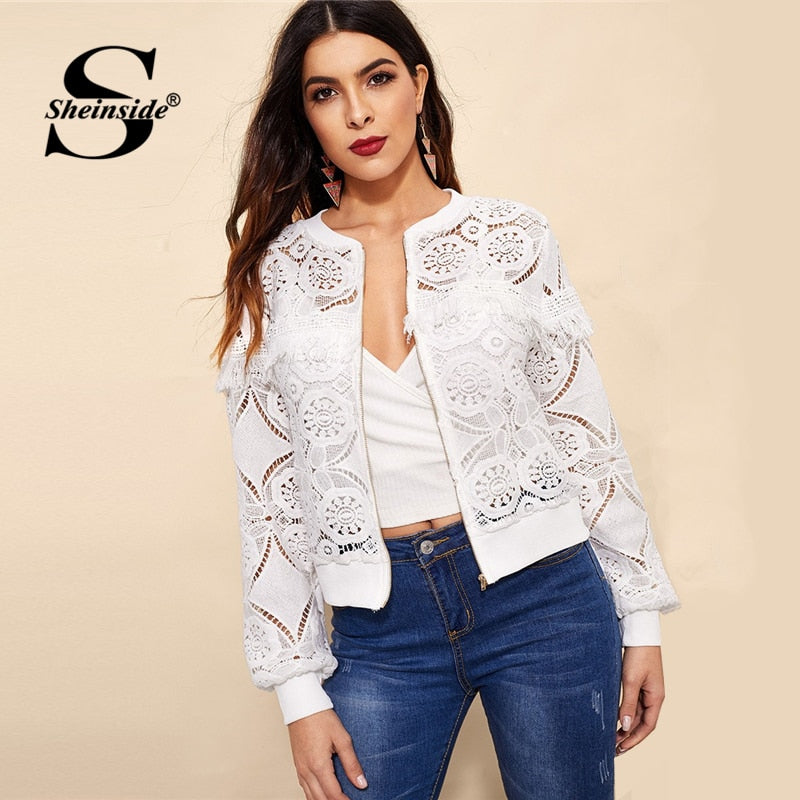 Sheinside White Elegant Hollowed Out Lace Jacket